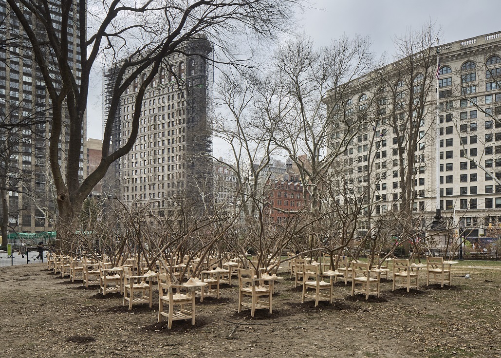 The Brier Patch Exhibition, featuring school desks on the park lawn bursting with tree limbs. City...